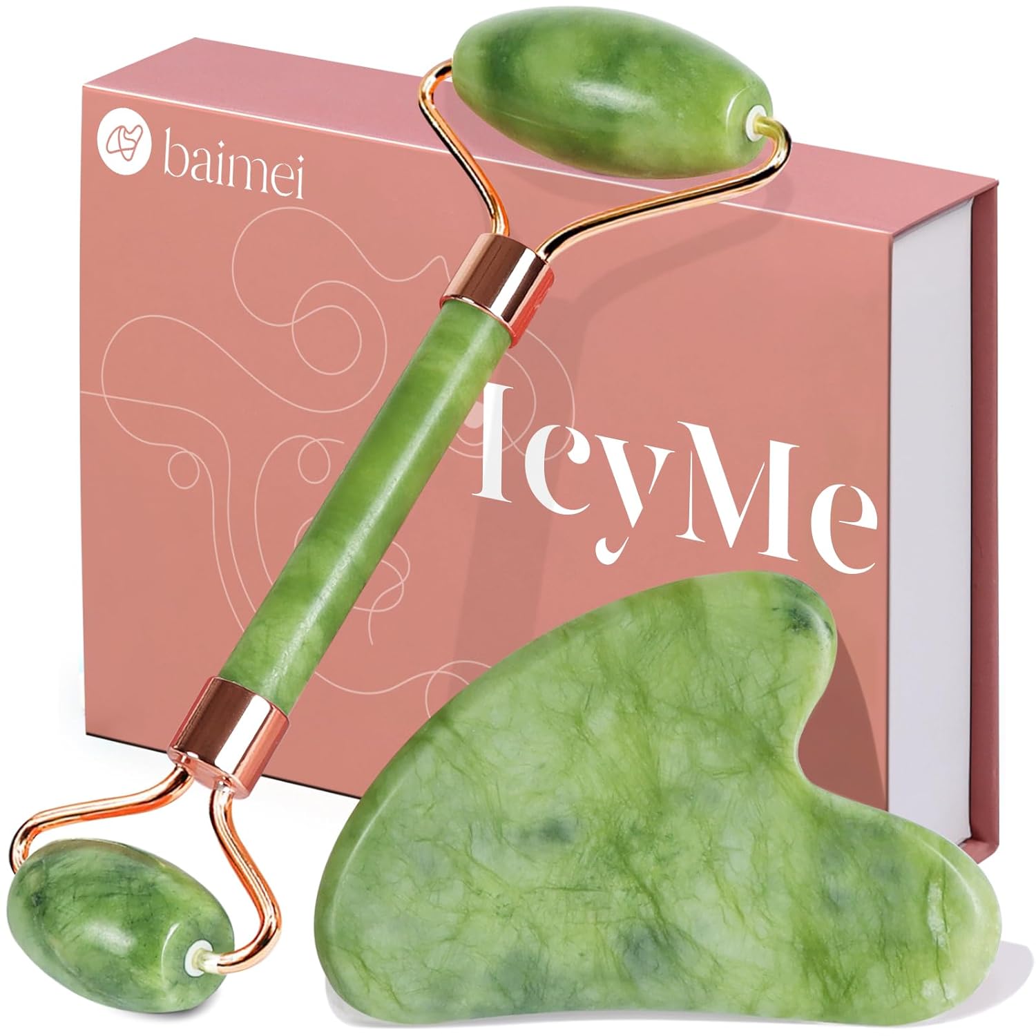 IcyMe Gua Sha & Jade Roller Facial Tools Face Roller and Gua Sha Set for Puffiness and Redness Reducing Skin Care Routine, Self Care for Men Women - Green
