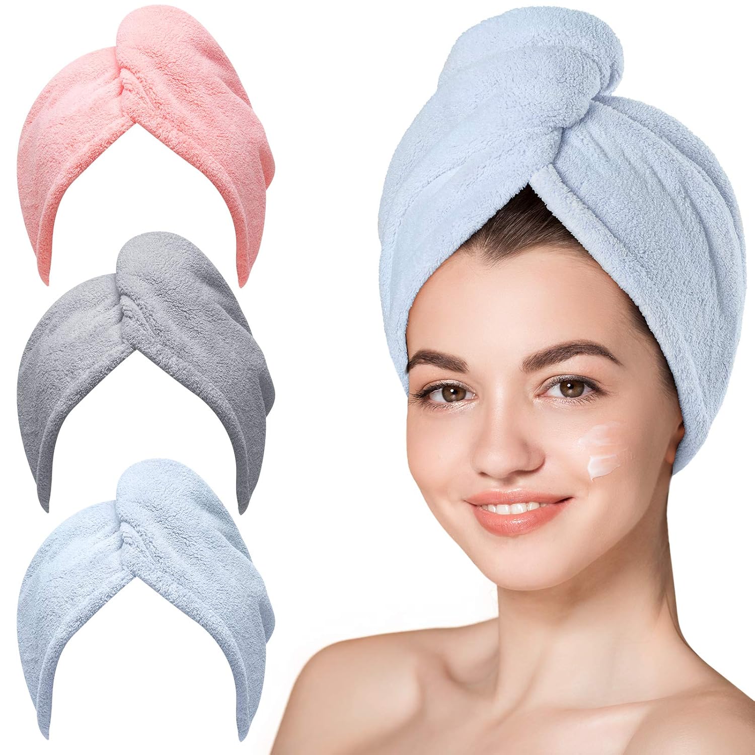 Microfiber Hair Towel Wrap, Fast Drying Hair Towels for Women, Soft Lightweight Quick Dry Turban for Curly & Long Hair–3 Pack(Blue/Grey/Pink)