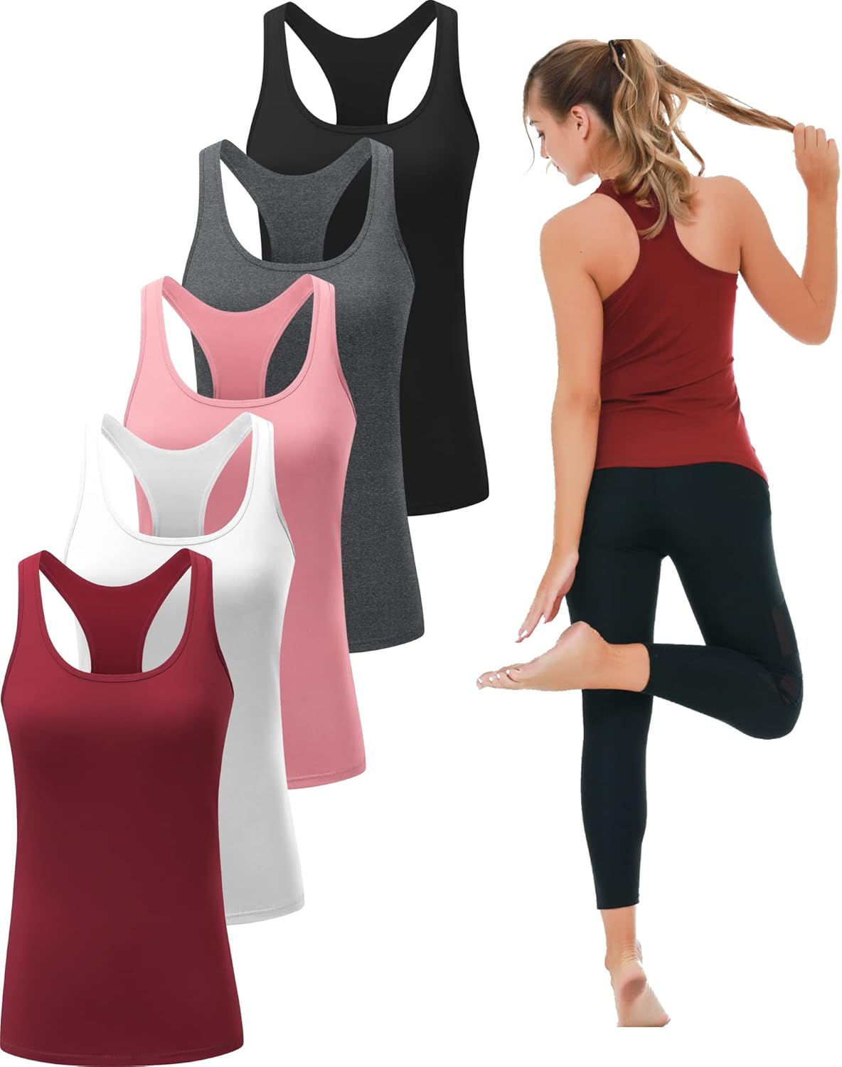 5-Pack Women's Workout Racerback Tank Tops, Dry Fit Compression Athletic Shirts, Black/Grey/White/Red/Pink L