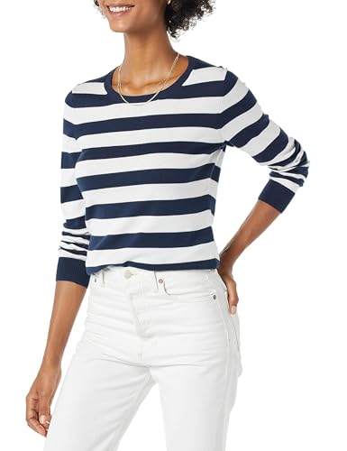 Women's Long-Sleeve Lightweight Crewneck Sweater (Available in Plus Size), Navy White Rugby Stripe, Medium