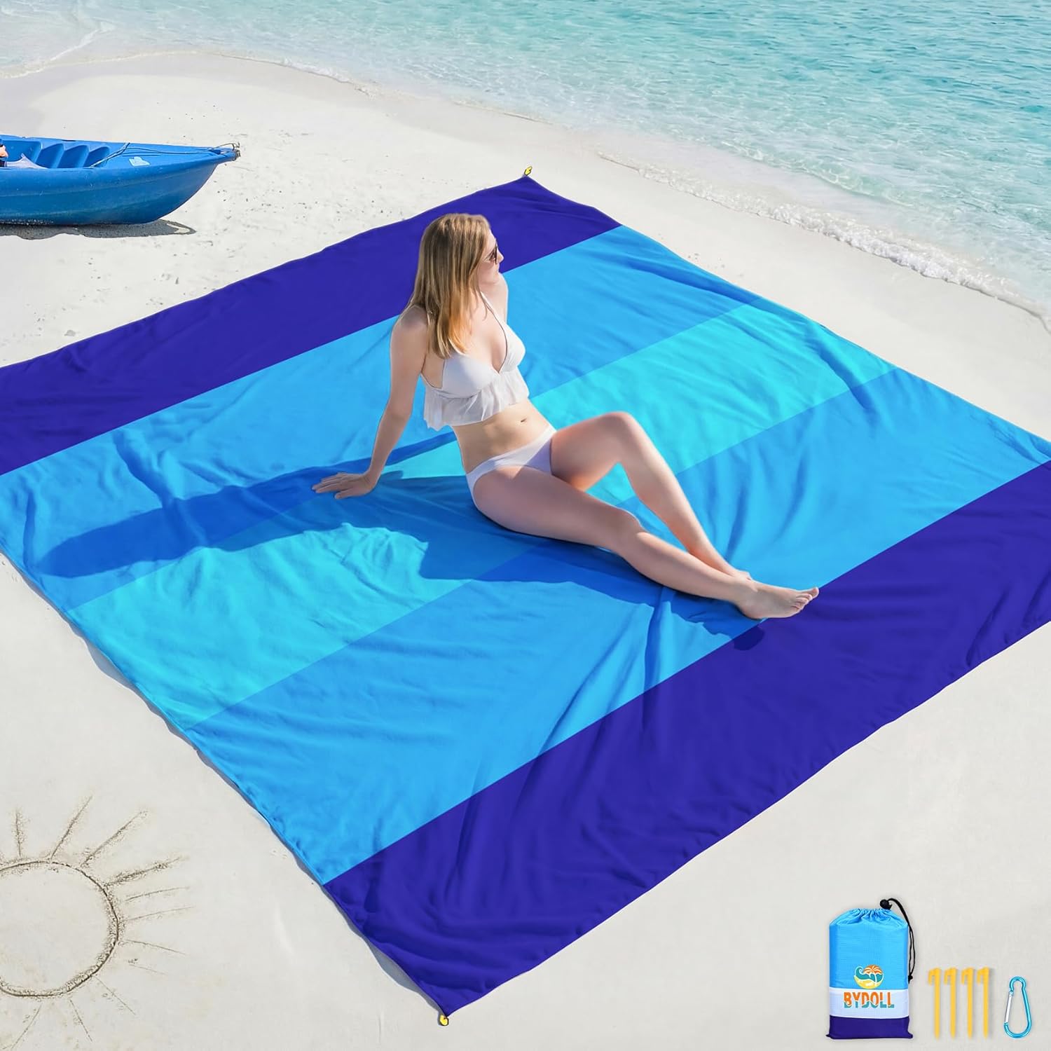 Beach Blanket 78''×81'' 4-7 Adults Oversized Lightweight Waterproof Sandproof Beach Blanket Large Picnic Mat for Travel Camping Hiking Picnic(78" X 81", Blue-Mixed)