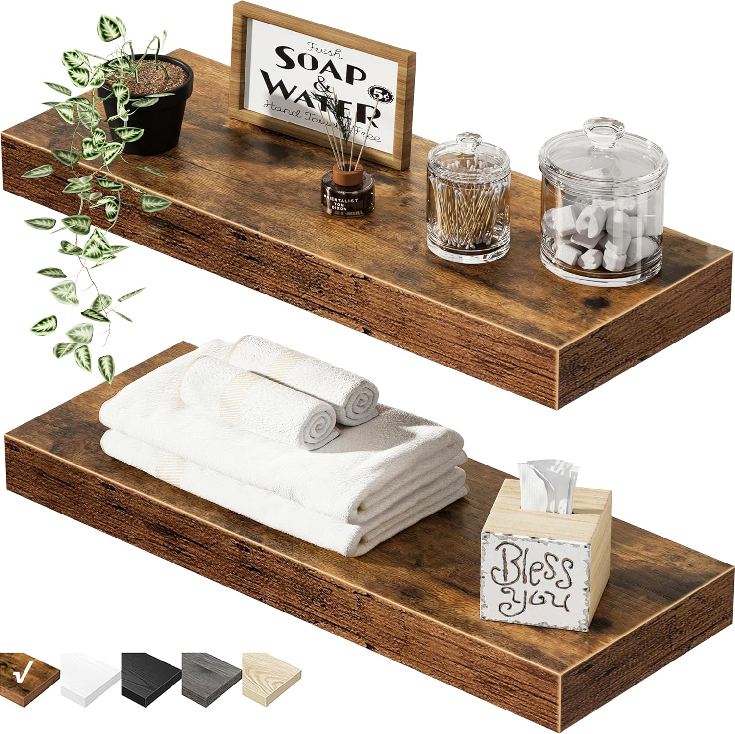 Bathroom Floating Shelves for Wall - 15.7" Wall Mounted Shelf Over Toilet Farmhouse Home Decor Display Bookshelf Small 15.7 x 6.7 inch Set of 2, Rustic Brown (008-40BN)