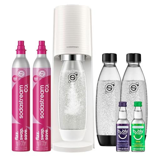 SodaStream TERRA Sparkling Water Maker, Value Bundle, CQC CO2 System, Includes 2 Quick Connect 60L CO2 Cylinders, 3 Dishwasher Safe BPA Free Bottles, 2 bubly Drops, Make your own Pepsi, White