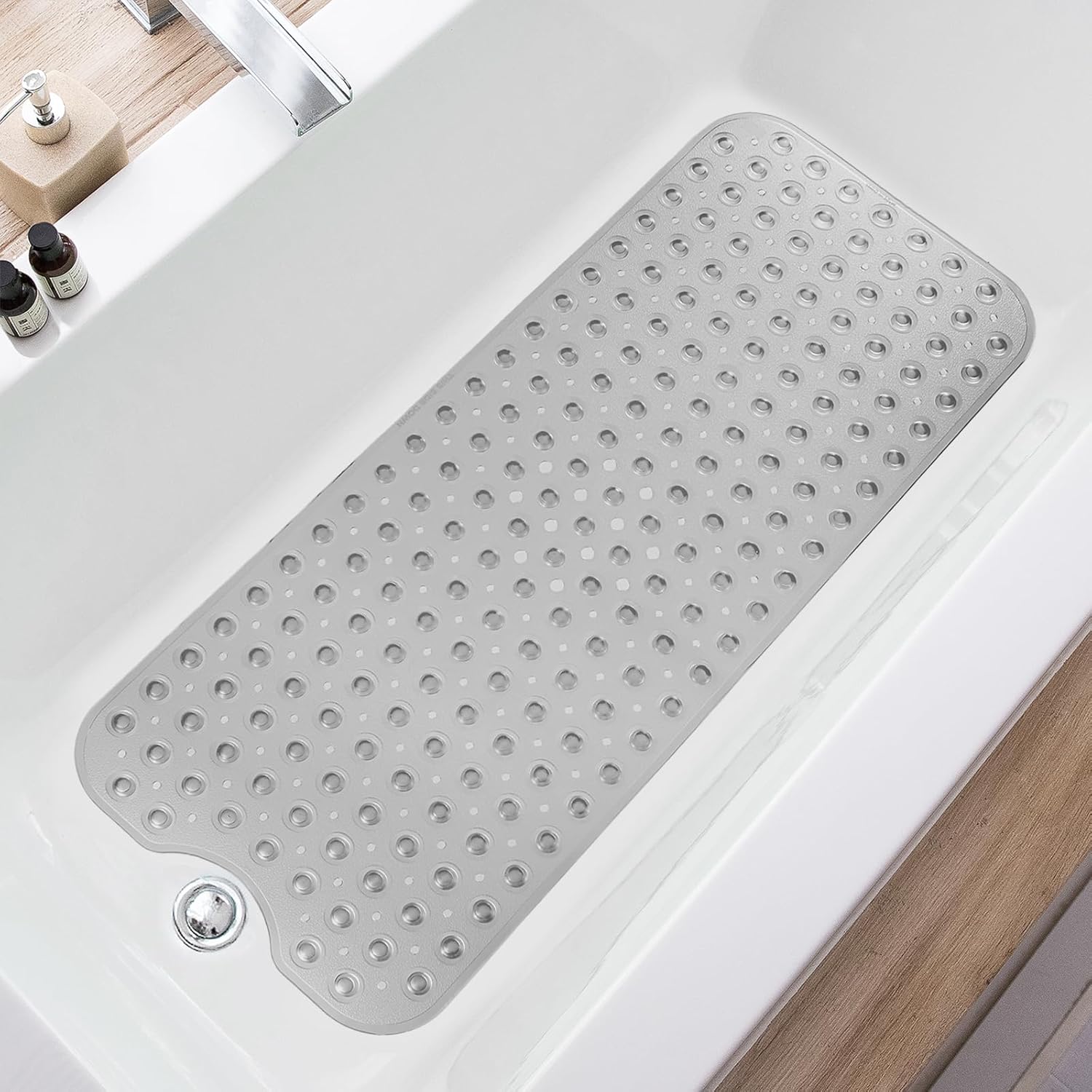 Bathtub Mats for Shower Tub, Extra Long Non-Slip 39 x 16 Inch Bath Mat with Drain Holes and Suction Cups, BathMat for Bathroom with Machine Washable (Clear Grey)