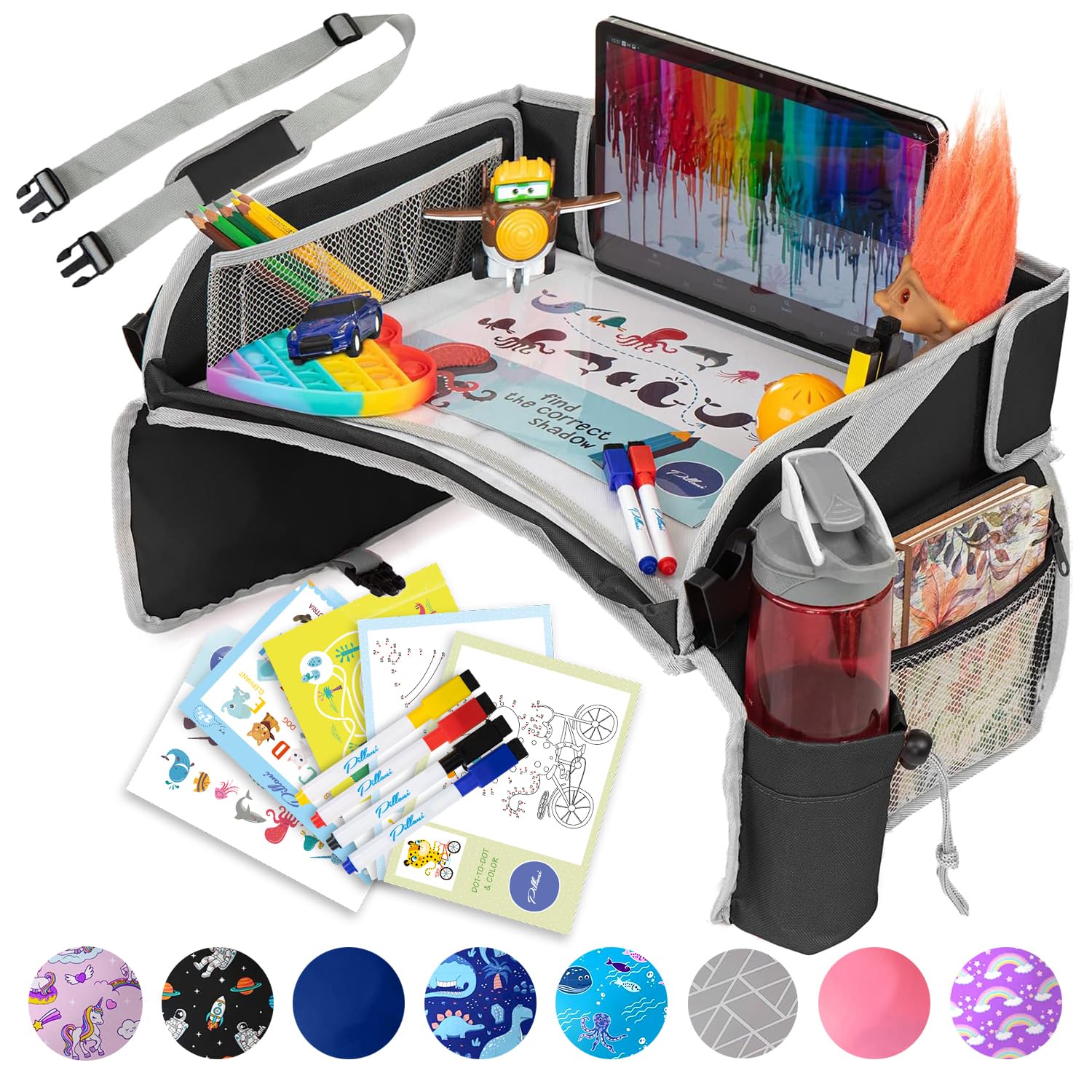 Kids Travel Tray for Car - Car Seat Tray with Activity Sheets & Pens, Road Trip Essentials for Car & Airplane, Must Have Toddler Travel Lap Desk Accessories - Road Trip Activities for Kids
