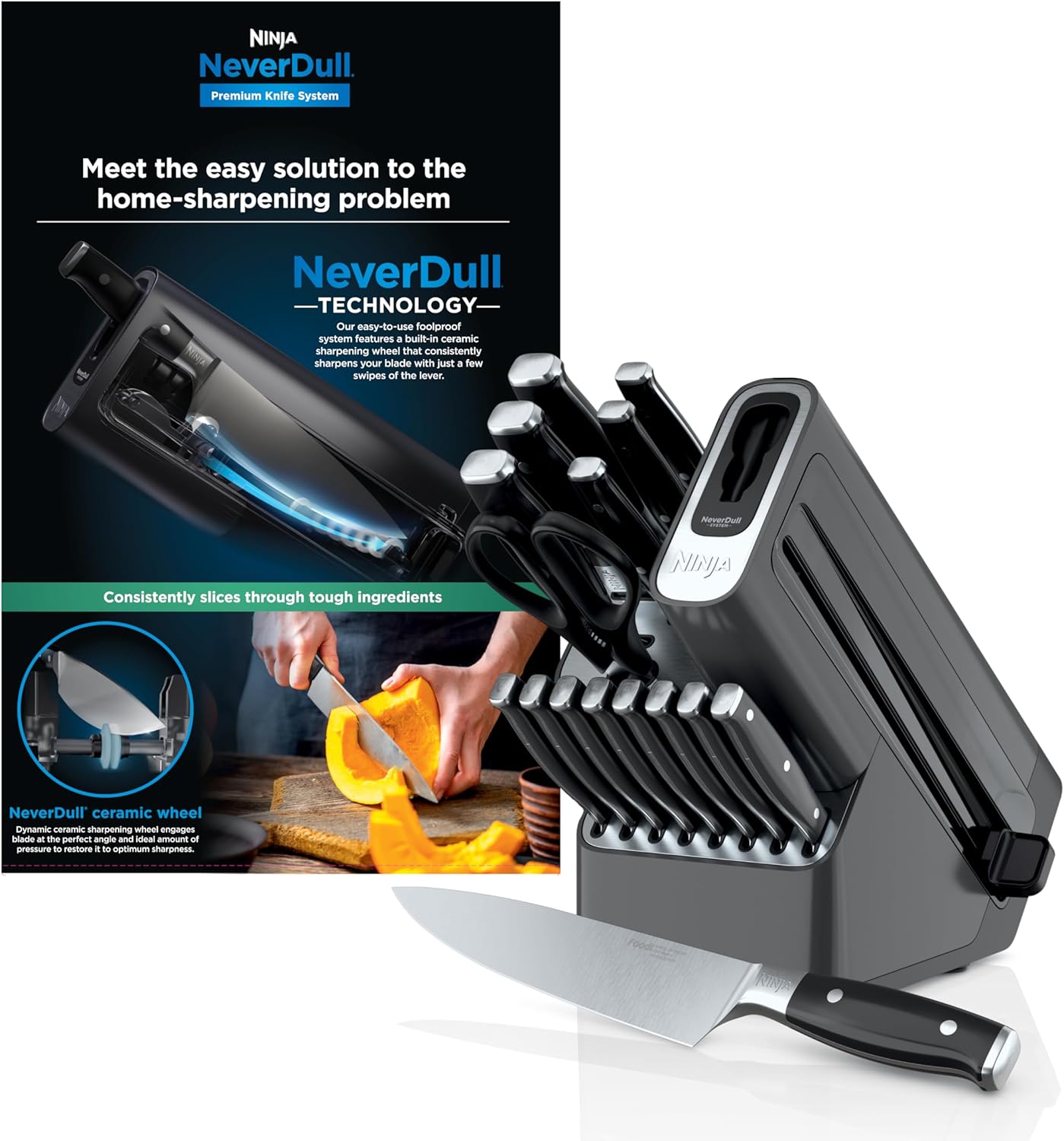 Ninja™ NeverDull® Knife Block Set | 17 Piece Kitchen Knife System with Built-in Sharpener | Rust Resistant, German Stainless-Steel Knives | Black | K32017