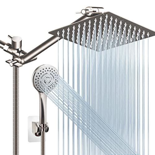 Shower Head Combo(Brushed Nickel),8 Inch High Pressure Rain Shower Head with 11 Inch Adjustable Extension Arm and 5 Settings Handheld Shower Head Combo,Powerful Shower Spray Against Low Pressure Water