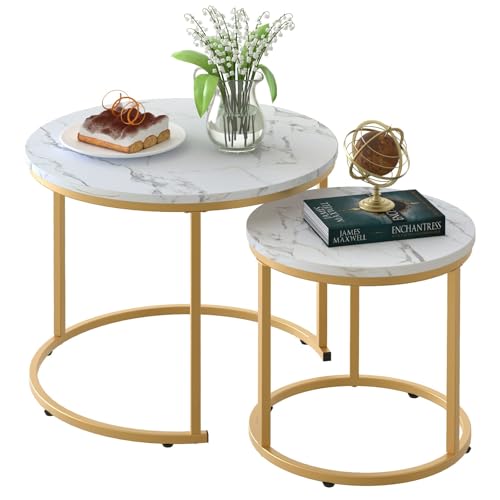 aboxoo Coffee Table Nesting White Set of 2 Side Set Golden Frame Circular Round and Marble Pattern Wooden Tables, Living Room Bedroom Apartment Modern Industrial Simple Nightstand