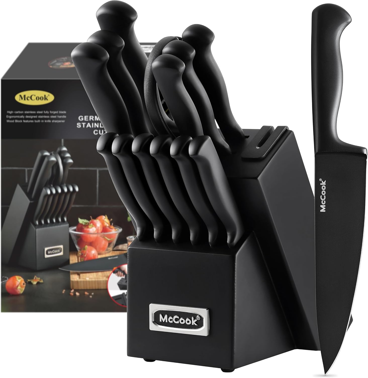 McCook® Knife Sets,German Stainless Steel Knife Block Sets with Built-in Sharpener, 15-Piece Razor-Sharp Kitchen Knives with Ergonomic Handles, Elegant Box for Gift, Black