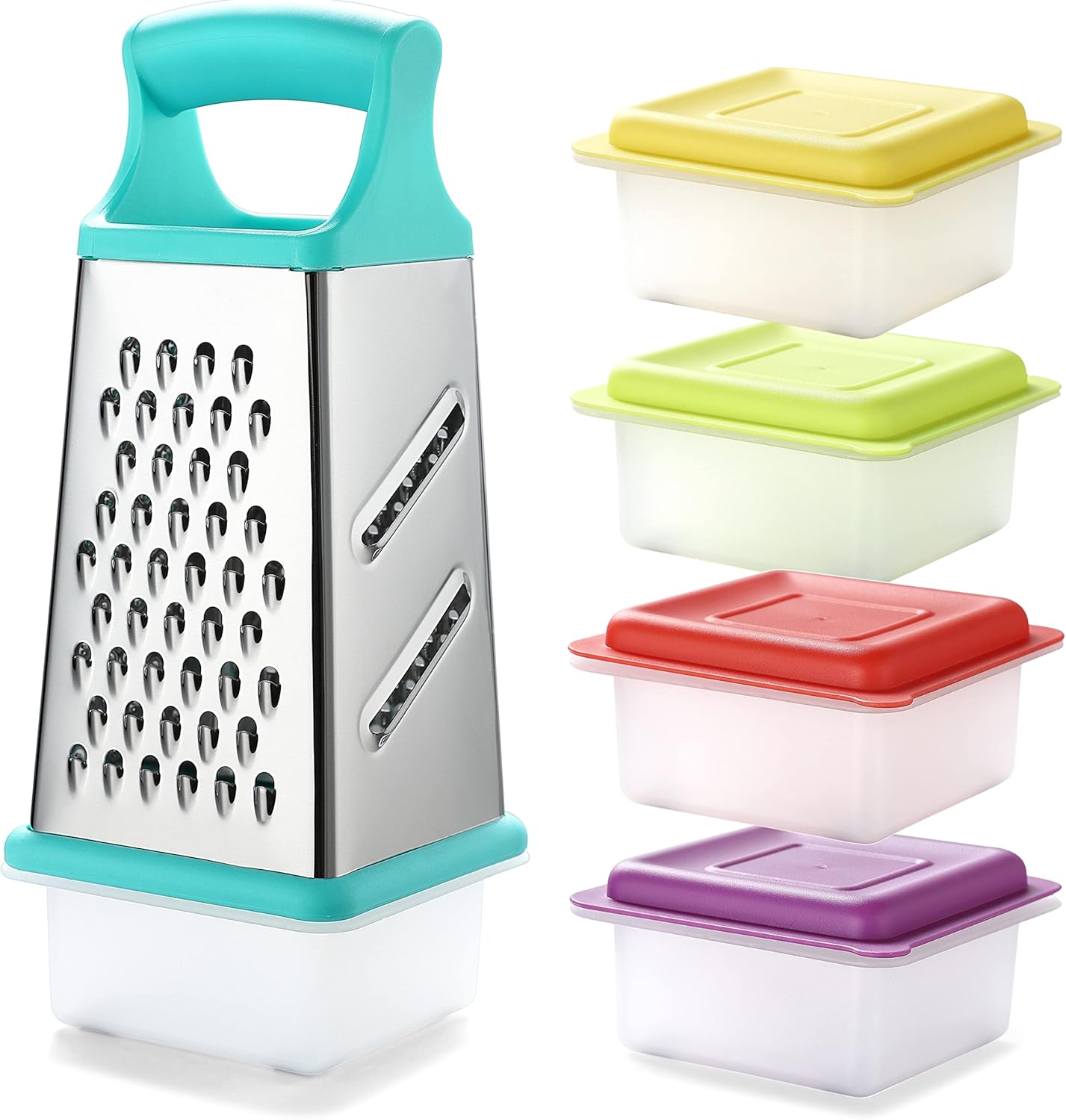 KYA57B Box Grater,Stainless Steel Grater with 4 Sides,Slicer 5 Piece Set, Potato,Cheese,Cucumber,Salad Vegetables Graters Peelers, Turquoise
