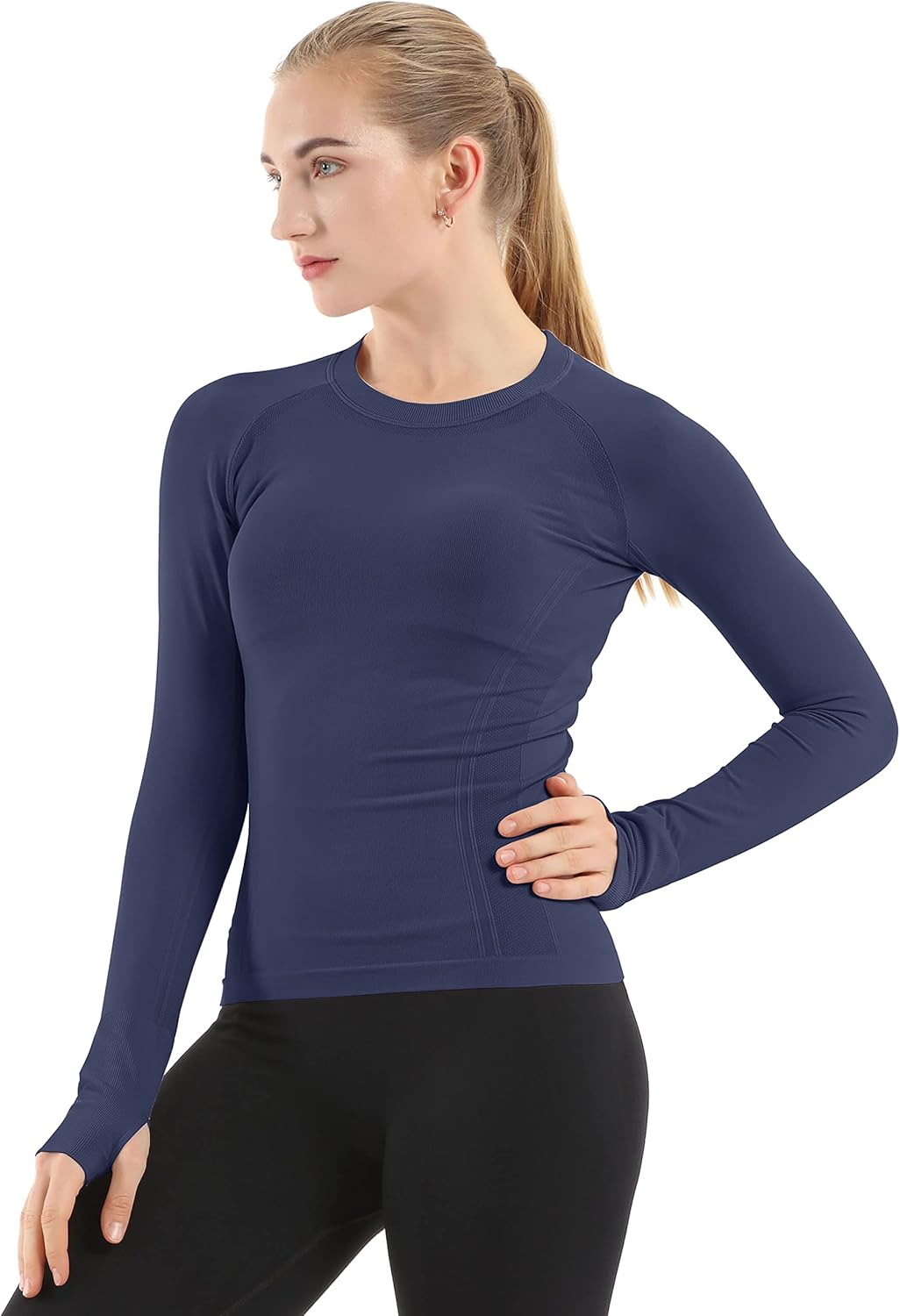 Seamless Workout Shirts for Women Long Sleeve Yoga Tops Sports Running Shirt Breathable Athletic Top Slim Fit Navy