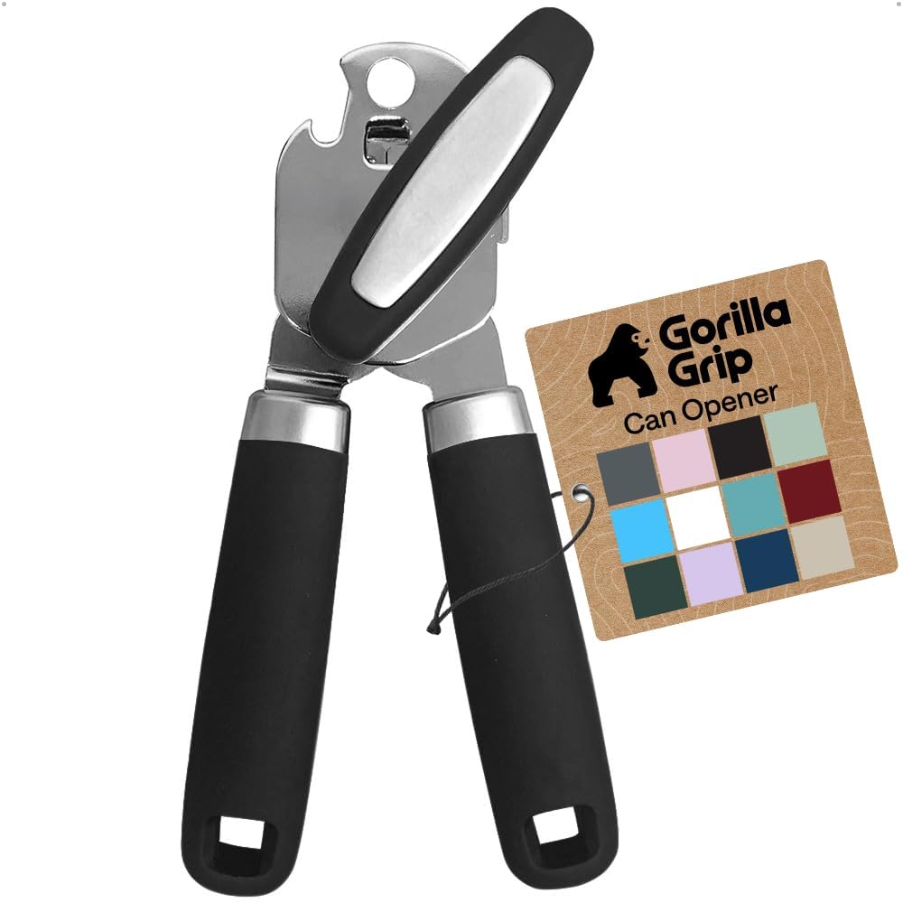 Heavy Duty Stainless Steel Smooth Edge Manual Can Opener and Bottle Openers, US Designed, Soft Comfortable Handle, Oversized Handheld Turn Knob, Multifunctional Kitchen Tool, Black