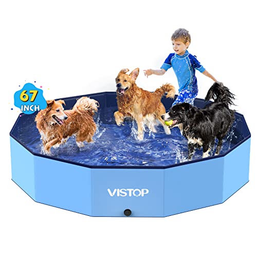 Extra Large Foldable Dog Pool XXL, Hard Plastic Shell Portable Swimming Pool for Dogs Cats and Kids Pet Puppy Bathing Tub Collapsible Kiddie Pool (67inch.D x 11.8inch.H, Blue)