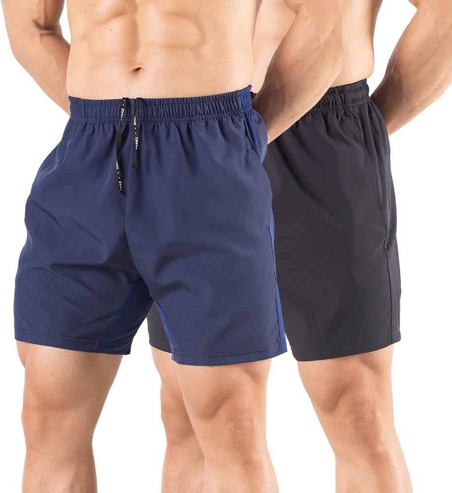 Men's 5" Running Shorts 2 Pack Quick Dry Athletic Workout Gym Shorts with Zipper Pockets Black/Navy,Large