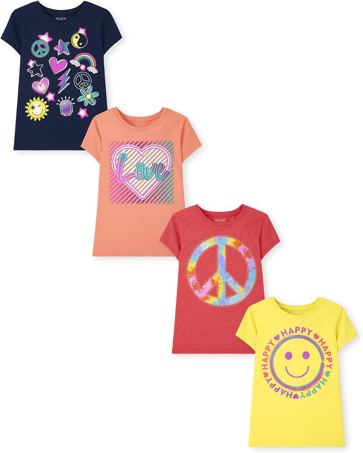 The Children's Place Girls' Kindness, Equality Short Sleeve Graphic T-Shirts,multipacks, Love/Doodle/Happy/Peace 4-Pack, Medium