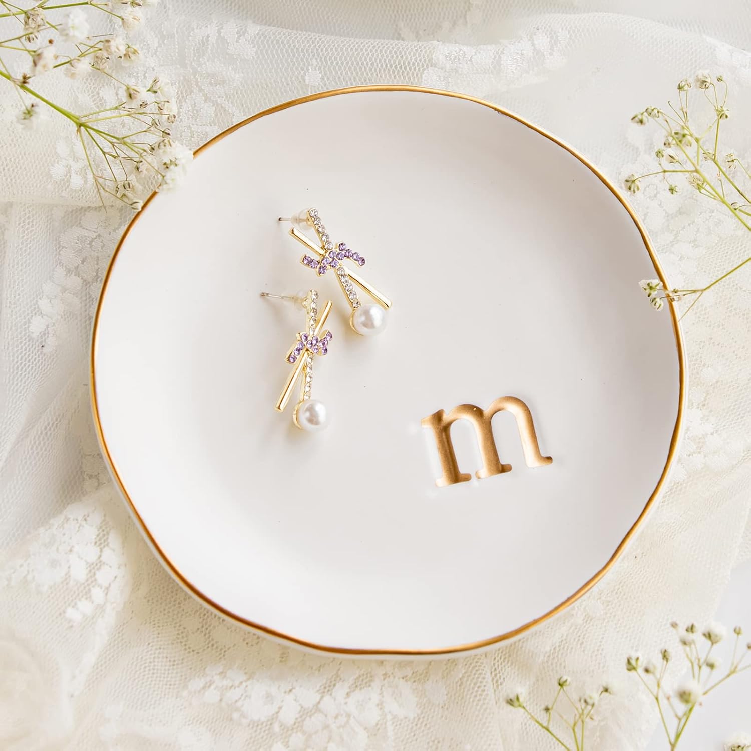 Ceramic Jewelry Tray, Decorative Trinket Dish for Rings Earrings Necklaces Bracelet Watch Keys, Birthday Mother's Day Christmas Gift for Women, 4.75", White Surface (M)