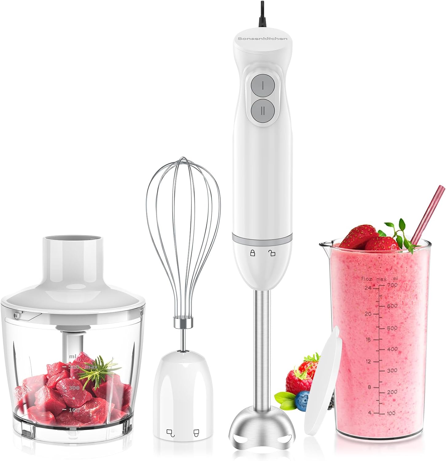 Bonsenkitchen 3-in-1 Immersion Blender Handheld with 2 Mixing Speed | Hand Blender with Egg Whisk & 24oz Beaker, Stainless Steel Blade, Portable Stick Mixer for Smoothie, Soup, Baby Food