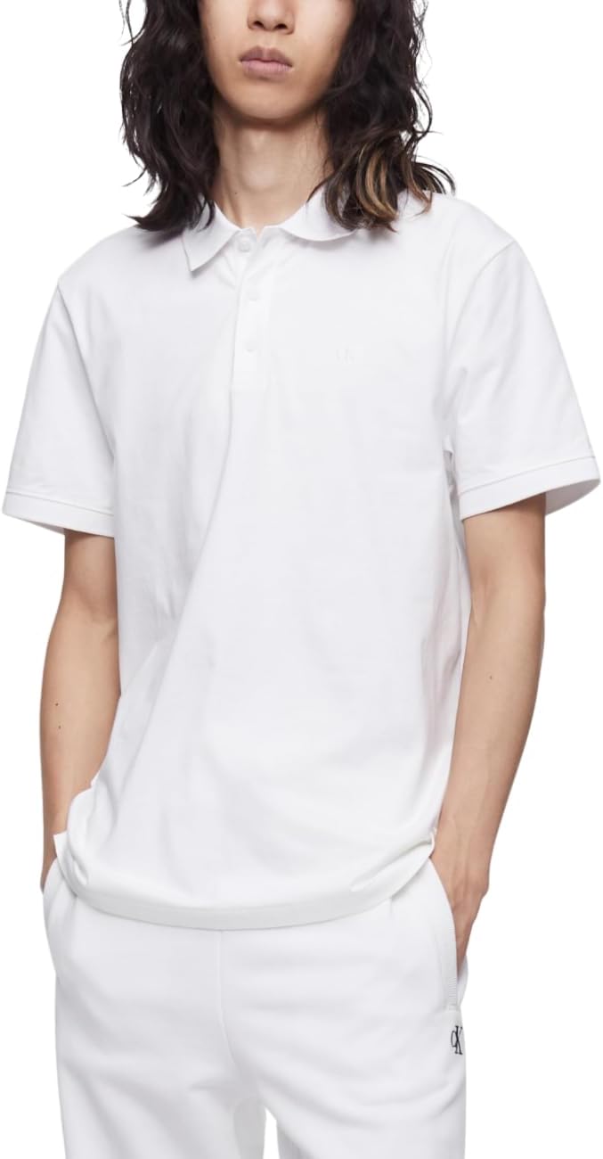 Calvin Klein Men's Smooth Cotton Monogram Logo Polo Shirt Brilliant White
