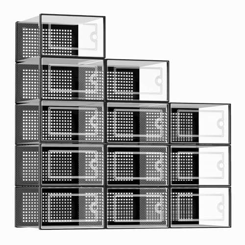 Kuject X-Large Shoe Storage Boxes Organizers Clear Plastic Stackable 12 Pack, Shoe Rack & Holder Substitute, Sneaker Containers, Toy Storage Organizer Bins for Entryway, Closet, Under Bed, Black