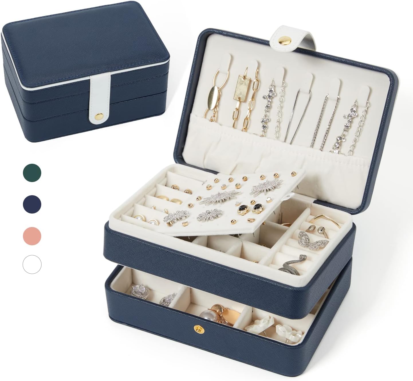 BUTI4WLD PU Leather Travel Jewelry Organizer Case for Women & Girls, 2-Layer Portable Jewelry Box for Earrings, Rings, Necklaces, Bracelets, Compact Jewelry Storage (Blue, Small)