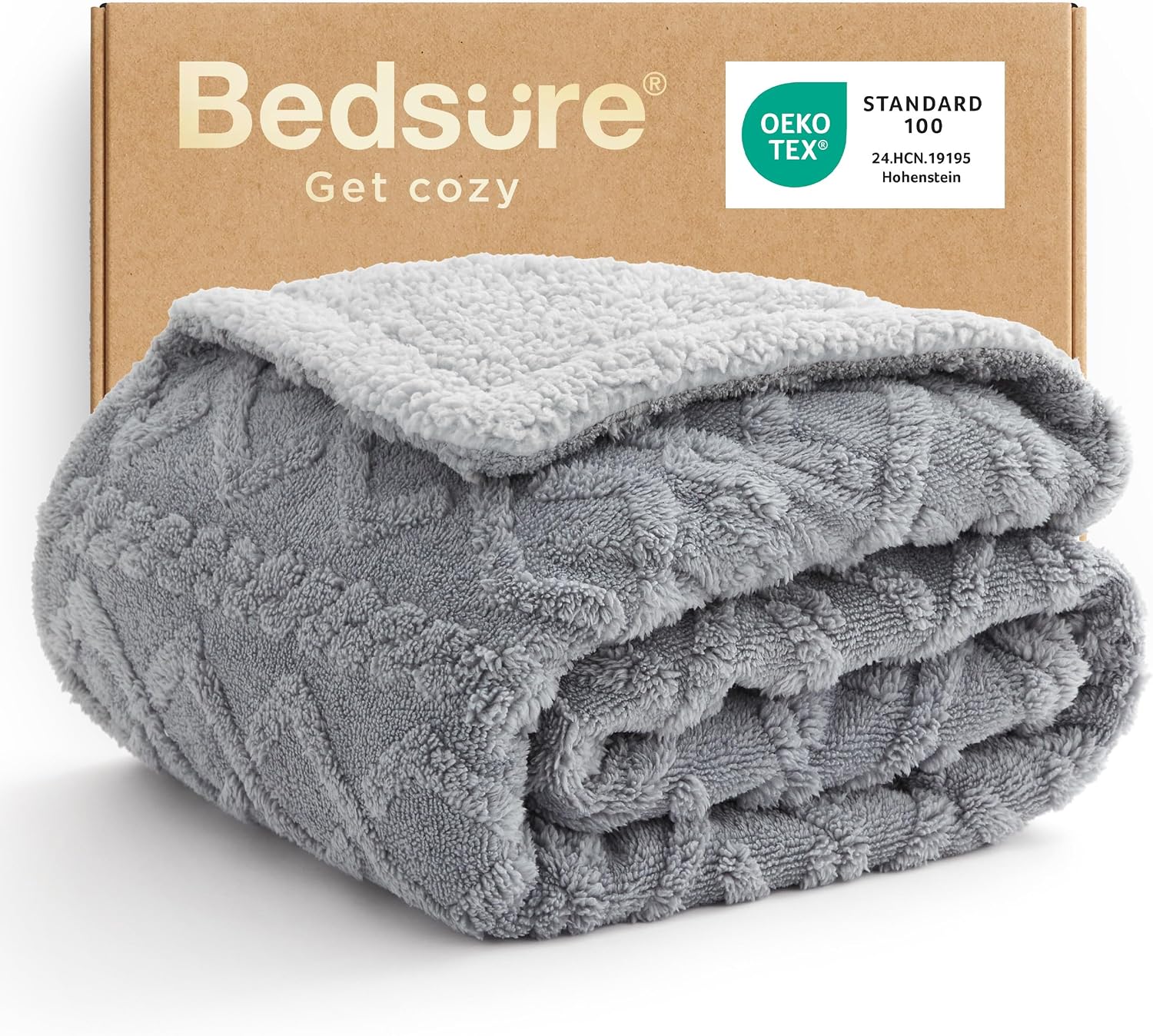 Bedsure Sherpa Fleece Blanket, Cable Jacquard Tufted, Warm, Throw, Grey