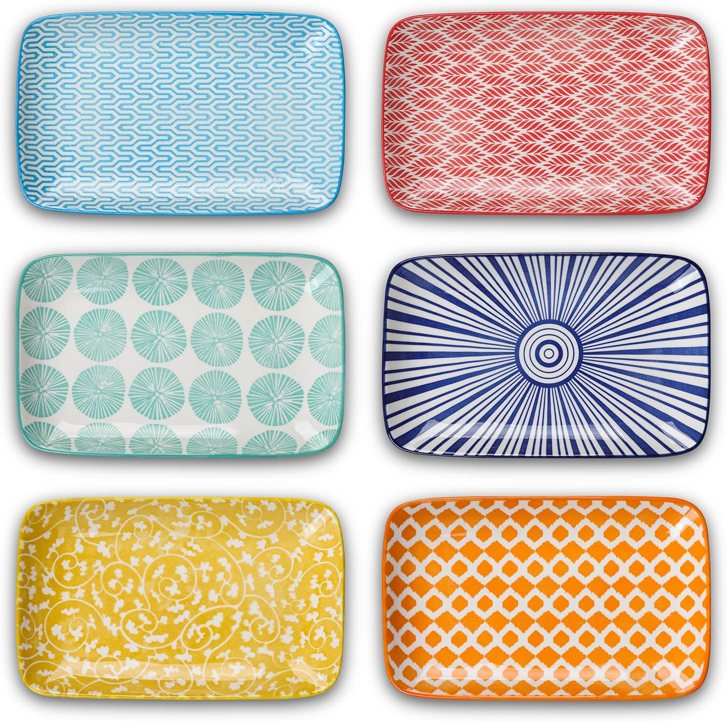 Selamica Ceramic 8 inch Rectangular Salad Plates, Dinner Plates, Pasta Dessert Plates for Appetizer, Sushi, Fruit - Microwave/oven/Dishwasher Safe, Set of 6, Assorted Colors