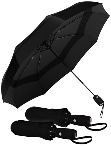 Windproof Travel Umbrellas for Rain - Easy Auto Open Close, Durable & Compact Umbrella, Strong Fiberglass Frame, Waterproof Canopy - Backpack, Purse, Portable Umbrella for Travel, 2 Pack