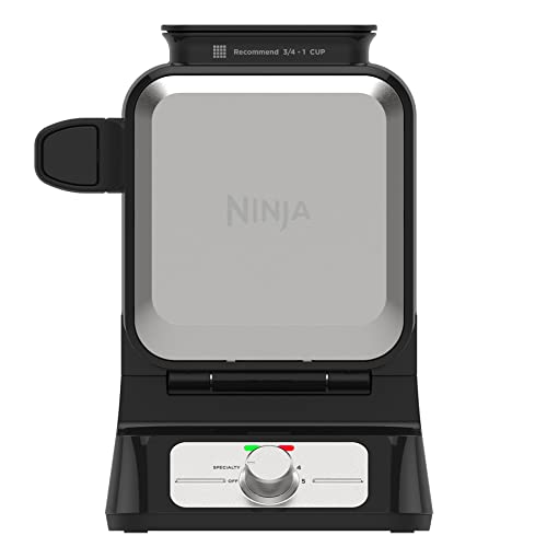 Ninja Belgian Waffle Maker Pro, 5 Shade Settings, Black/Silver, BW1001 | Vertical design, NeverStick coating, Precision-pour cup, Recipe guide, Dishwasher-safe parts