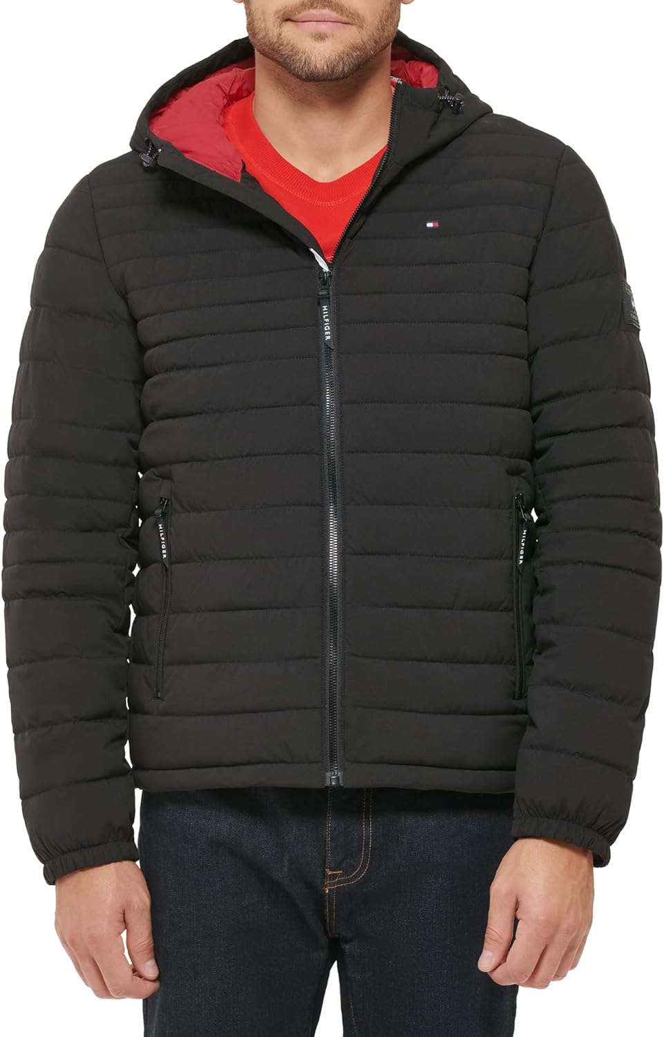 Tommy Hilfiger Men's Stretch Poly Hooded Packable Jacket, Black, Large