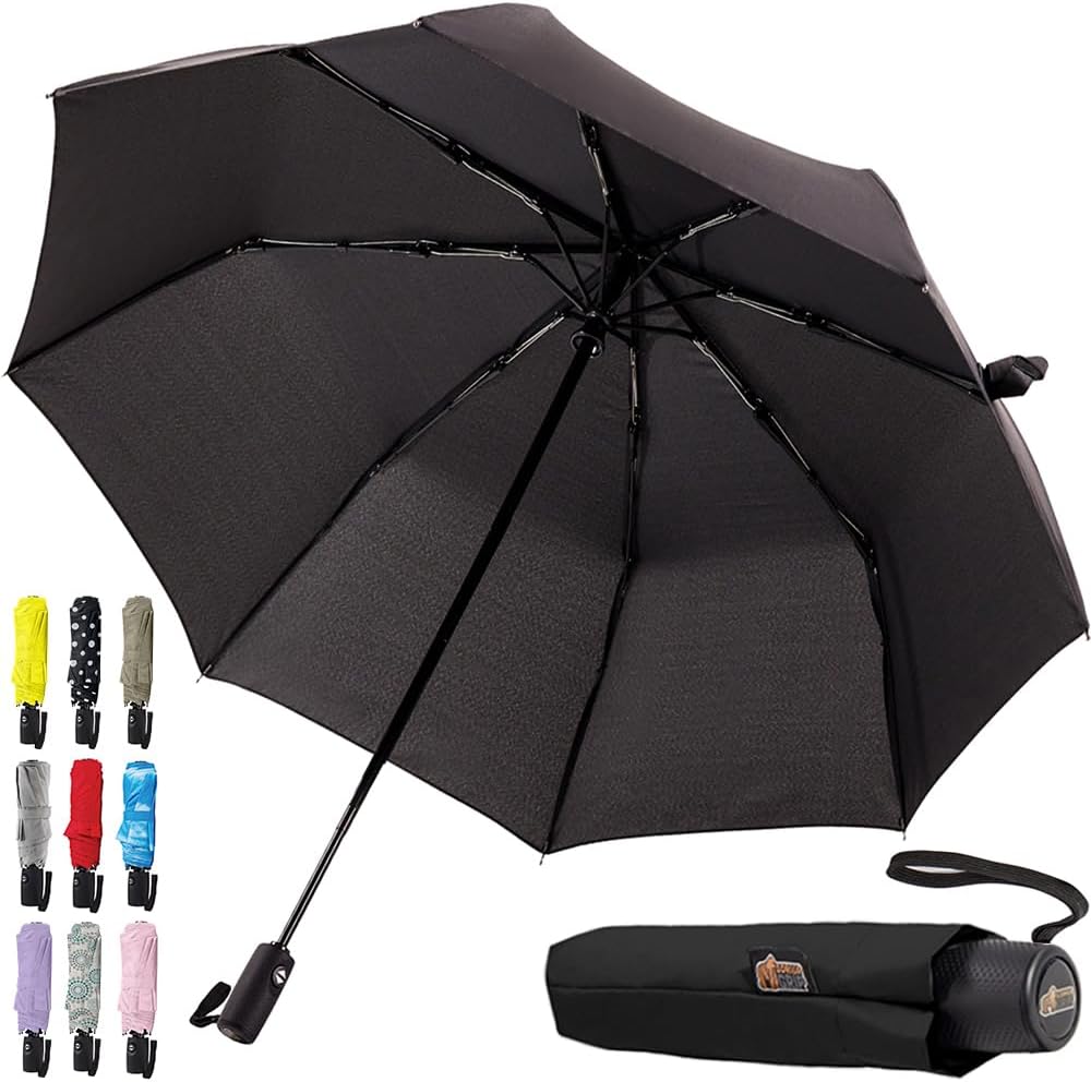 GORILLA GRIP Strong Windproof Stick Compact Umbrella for Rain, One-Click Automatic Open and Close, Durable Quick Dry Waterproof Material, Lightweight and Portable, Travel Size Fits Backpack, Black
