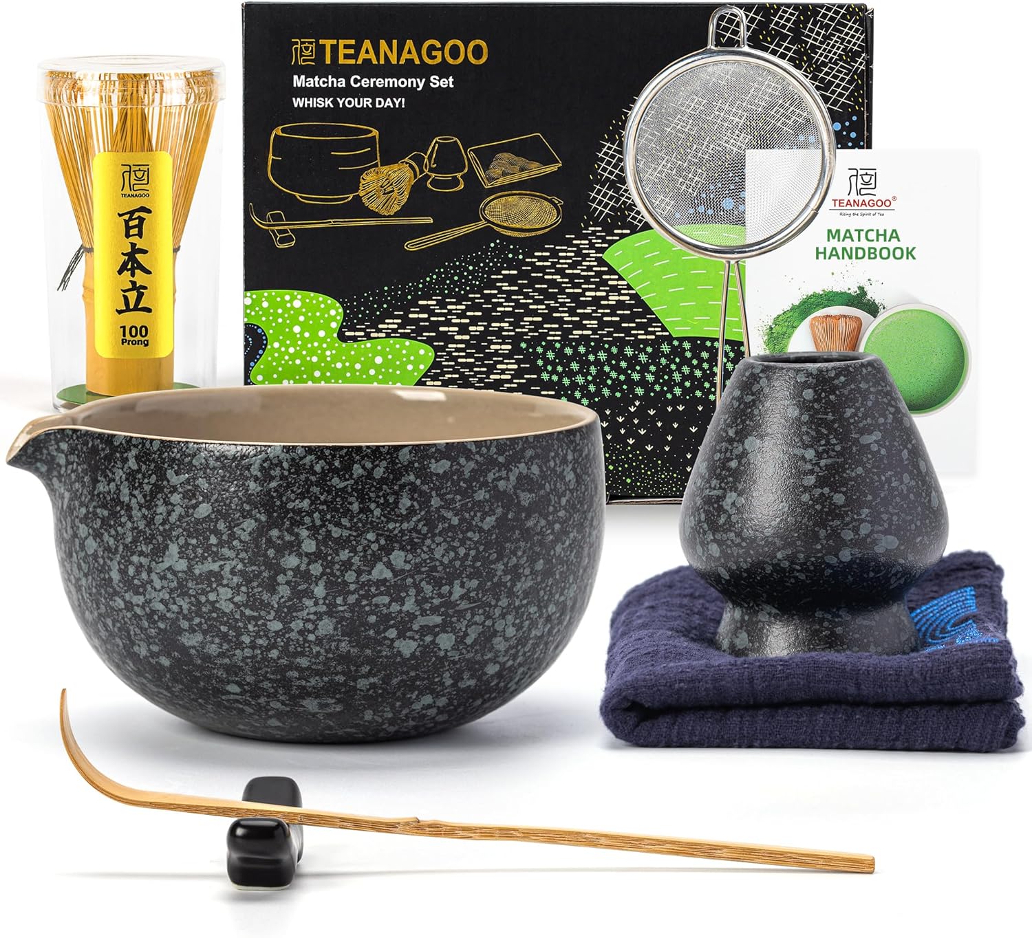 TEANAGOO Matcha Whisk Set Black,7 Pcs Matcha Set,Matcha Kit for Ceremony,Tradition Tea Set for Making Breakfast/Latte,Matcha Whisk Set with Bowl(Chawan)/Whisk and Holder,Gift for Family/Friend