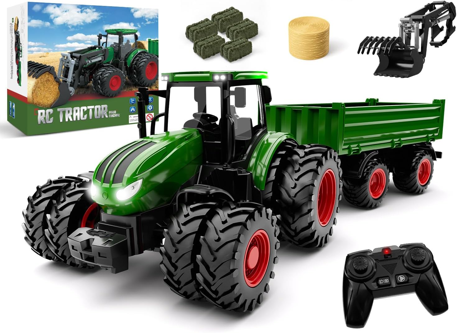 Uarzt Remote Control Tractor Toy with Trailer | Metal Front & Front Loader Farm Vehicle Set with Lights & 8-Wheel Design, RC Tractor Truck for Boys Ages 3-9, Fun Farm Toy Gift for Kids