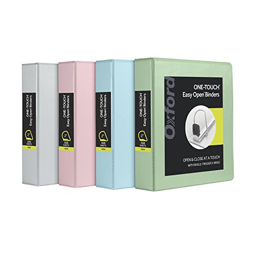 Oxford 3 Ring Binders, 2 inch ONE-Touch Easy Open D Rings, 3-Sided View Binder Covers, Binders for School, Xtralife Hinge, Non-Stick, PVC-Free, Natural Pastel, 530-Sheet Capacity, 4 Pack (79923)