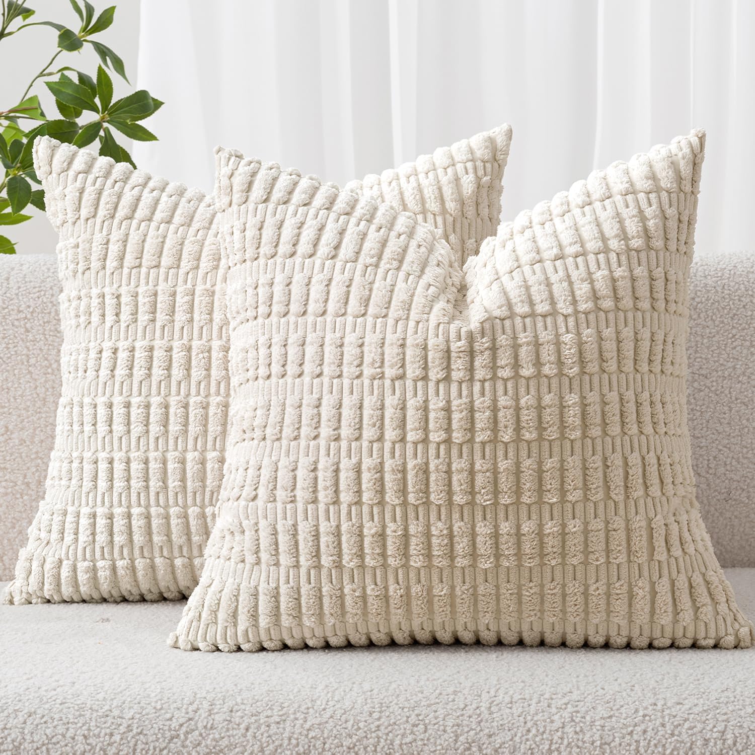 Pack of 2 Corduroy Decorative Throw Pillow Covers 18x18 Inch Soft Boho Striped Pillow Covers Modern Farmhouse Home Decor for Sofa Living Room Couch Bed Cream White