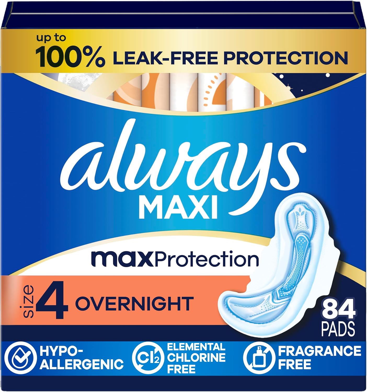 Maxi Overnight Pads with Wings for Women, Size 4, Overnight Absorbency, Unscented, 84 Count (3 Packs of 28)