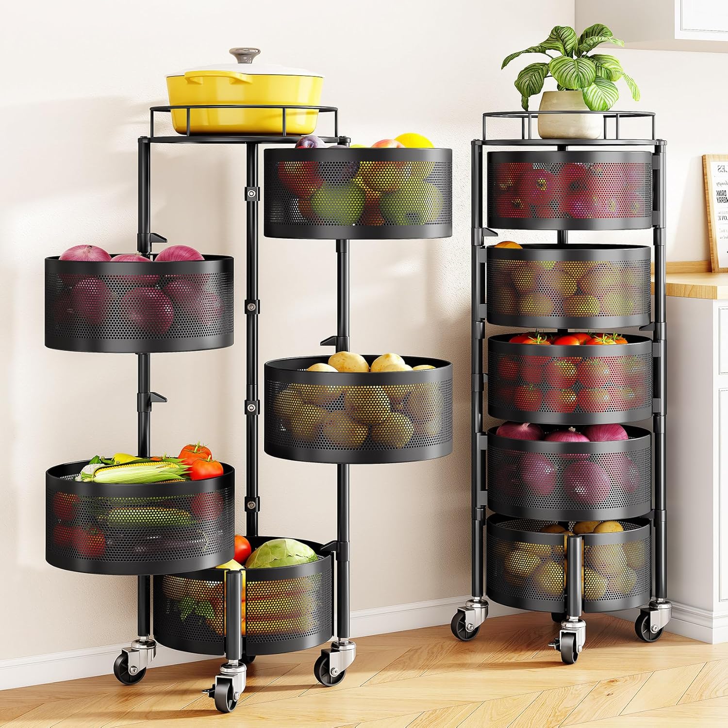 Fruit and Vegetable Basket Bowls for Kitchen with Metal Top Lid, 5 Tier Rotating Storage Rack Cart for Potato Onion Bread Banana, Wire Basket Organizer on Wheels, Large, Black