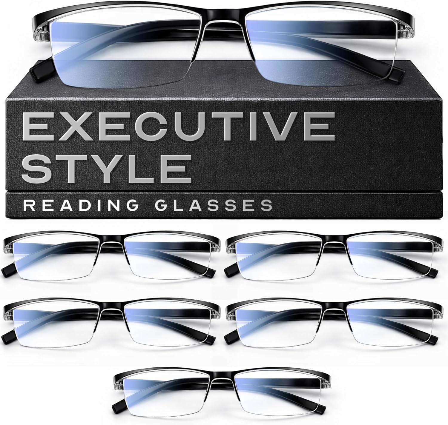 6 Pack 2.5 Executive Style Reading Glasses Men - Durable Readers with Blue Light Filtering - Comfortable Fit with TR90 Frames