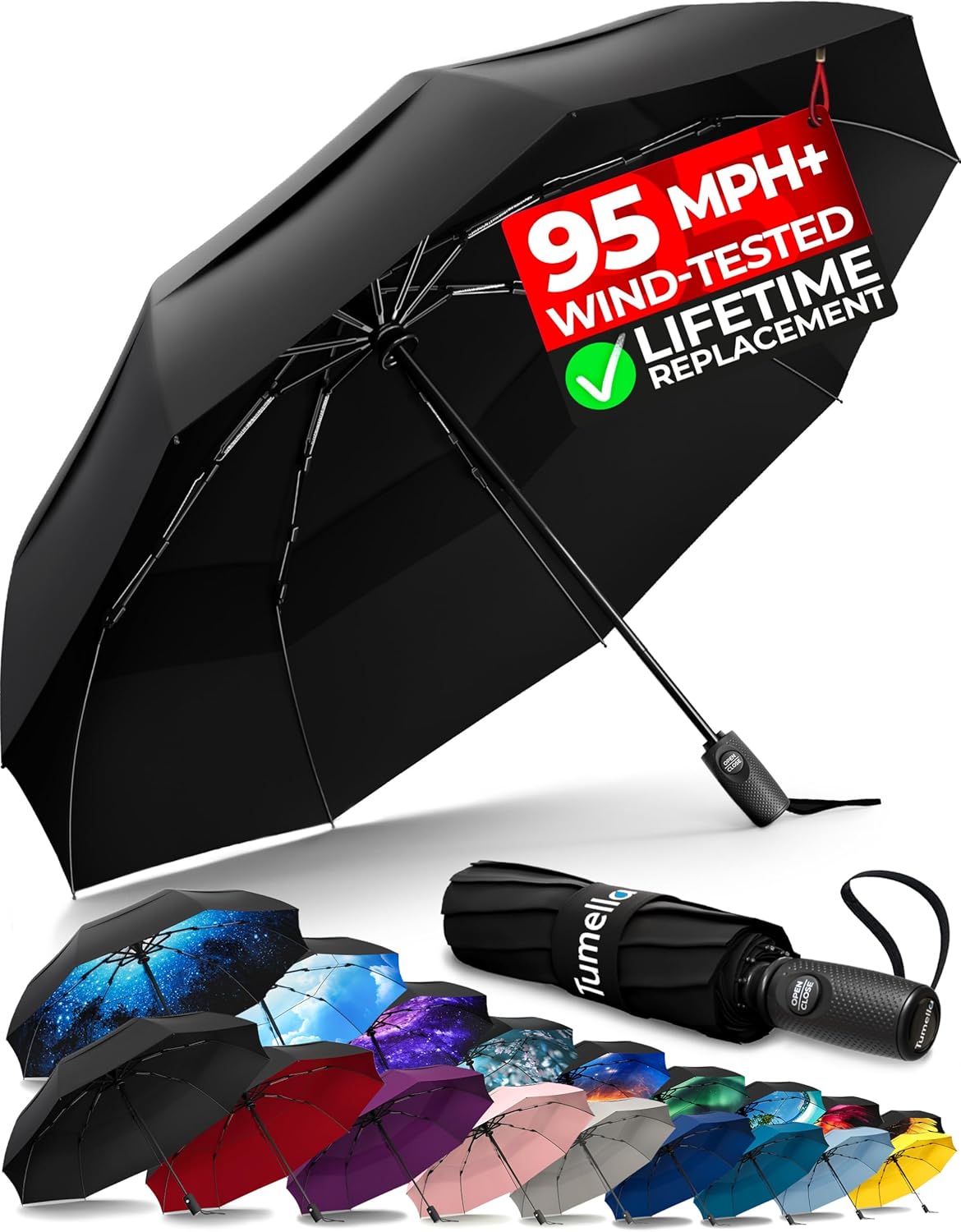 Strongest Windproof Travel Umbrella (Compact, Superior & Beautiful), Small, Wind-Tested, Light & Portable, Automatic Folding Rain Umbrella, Durable, Premium Grip, Fits Car & Backpack