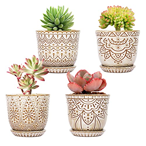 Gepege Ceramic Succulent Pots, 4 Inch Small Plant Pots with Drainage | Ceramic succulent pots with drainage holes, ceramic saucers and mesh pads, set of 4, ideal for cactus and succulents