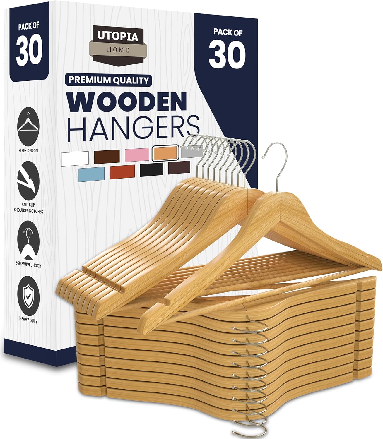Home Premium Wooden Hangers 30 Pack - Heavy Duty & Durable Coat Hanger - Wood Hanger with 360-Degree Rotatable Hook - Clothes Hangers with Non-Slip Shoulder Notches For Shirts & Coats (Natural)