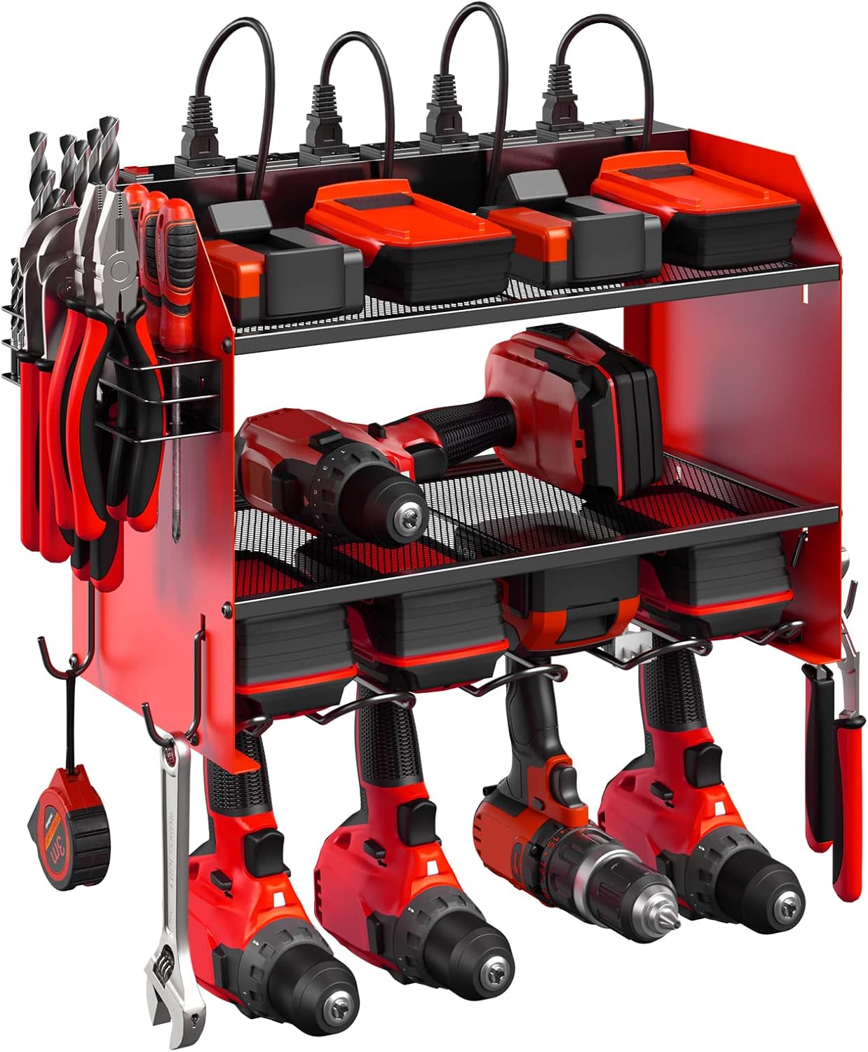 Modular Power Tool Organizer Wall Mount with Charging Station. Garage Drill Storage Shelf with Hooks, Heavy Duty Rack, Tool Battery Holder Built in 8 Outlet. Gift for Men. Red, 1 Pack.