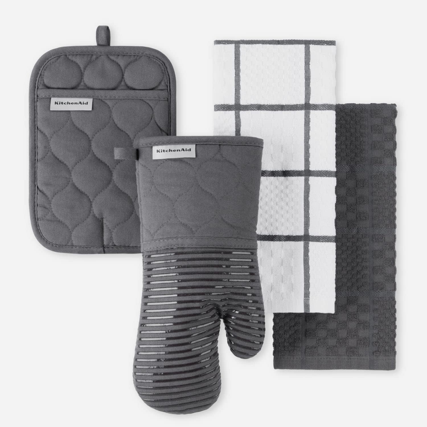 Quilted Cotton Terry Cloth Oven Mitt, Pot Holder, Kitchen Towel 4-Pack Set, Heat Resistant, Silicone Grip, Gift Set, Charcoal Grey, 16"x26", 7"x13" & 7"x10"