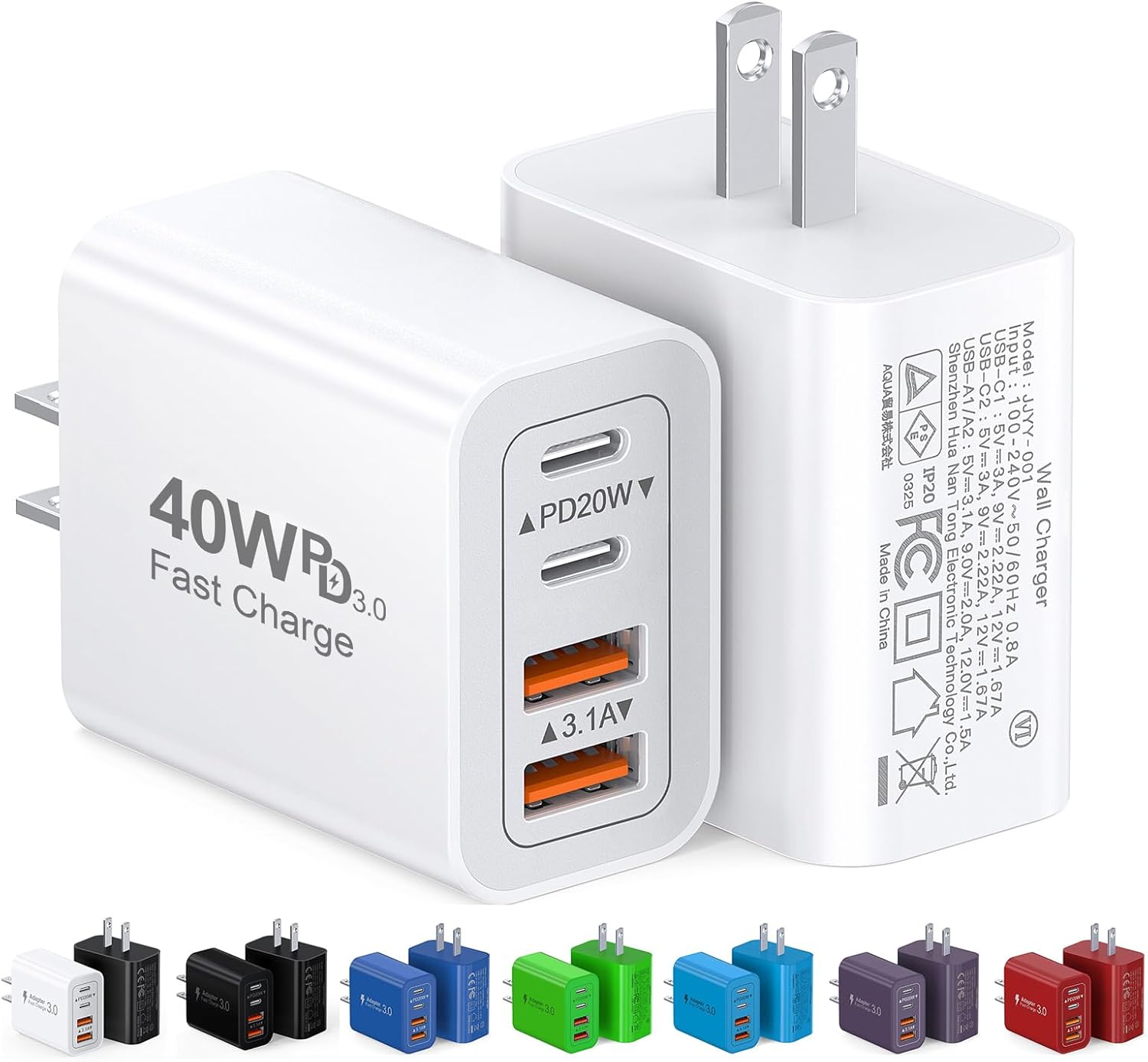 40W USB C Charger Cube, 2-Pack Wall Plug Fast Charging Block, 4-Port PD+QC Power Adapter Multiport Brick Type C Box for iPhone 17/16/15/14/13/12/11/Pro Max/XS/XR/8/7, Tablets, Cellphones