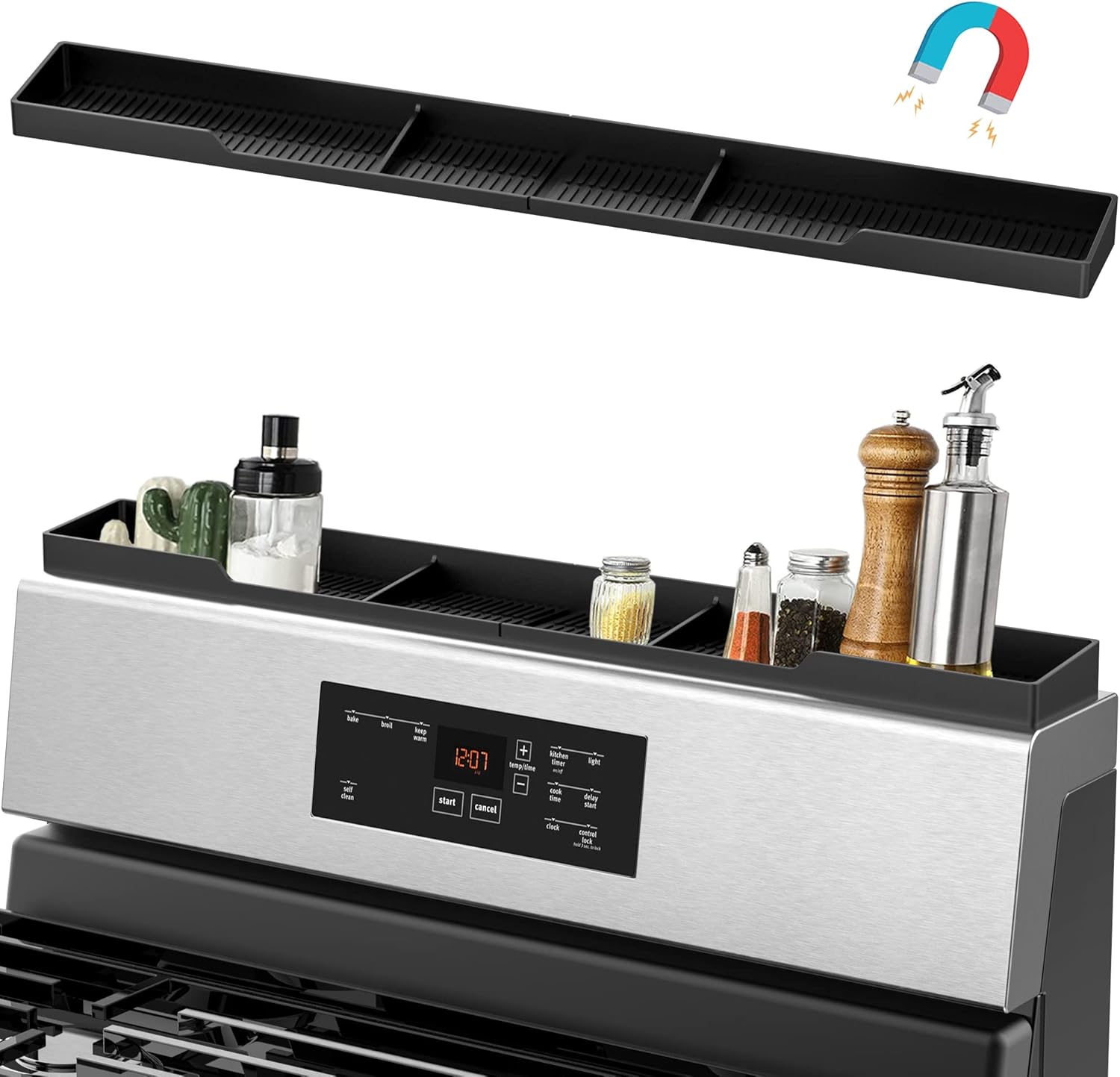 AWOKE Stove Top Shelf 30 Inch - Silicone Material Magnetic Shelf for Stove - 3 Functional Partitions Kitchen Spice Rack Organizer-Black,Kitchen Gadgets Storage Organization