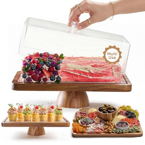 HOMESPHERE Acacia Wood Cake Stand with Lid, 2-in-1 Charcuterie Board, 17x13 | Rectangular Pastry Display Case & Charcuterie Board for Cheese, Chips, Fruit Platter, Large Acrylic Cake Dome Cover, No Glass