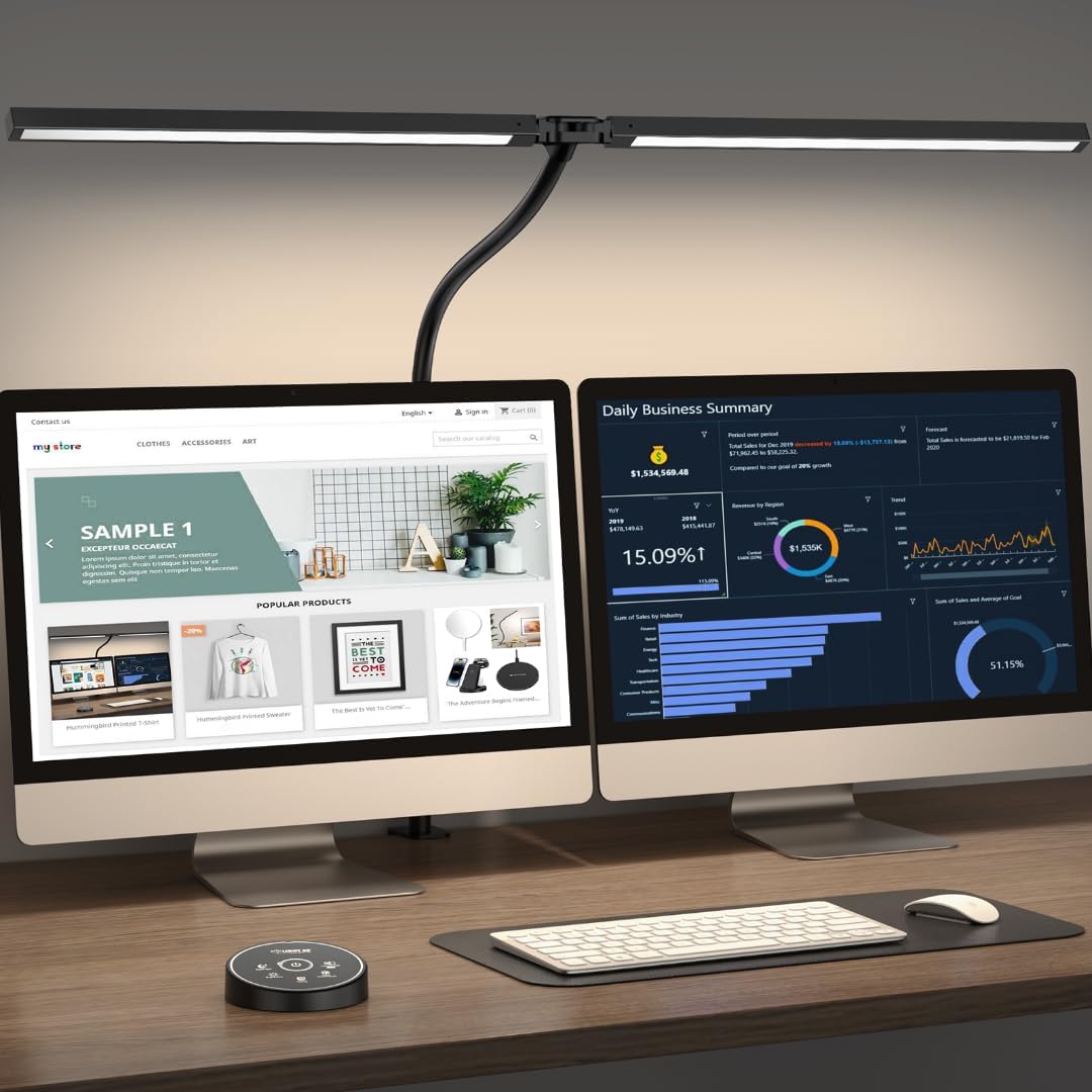 Pzloz Led Desk Lamp for Office Home - Eye Caring Architect lamp with Clamp,Dual Screen Computer Monitor Work Smart Light: 24W 5 Color Flexible Adjustable Lighting Table Lamp for Study Drafting
