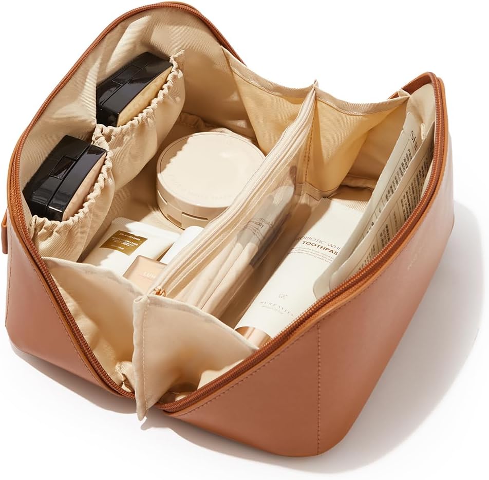 EACHY Travel Makeup Bag,Large Capacity Cosmetic Bags for Women,Waterproof Portable Pouch Open Flat Toiletry Bag Make up Bag with Divider and Handle, Gifts for Women (Brown, Medium)