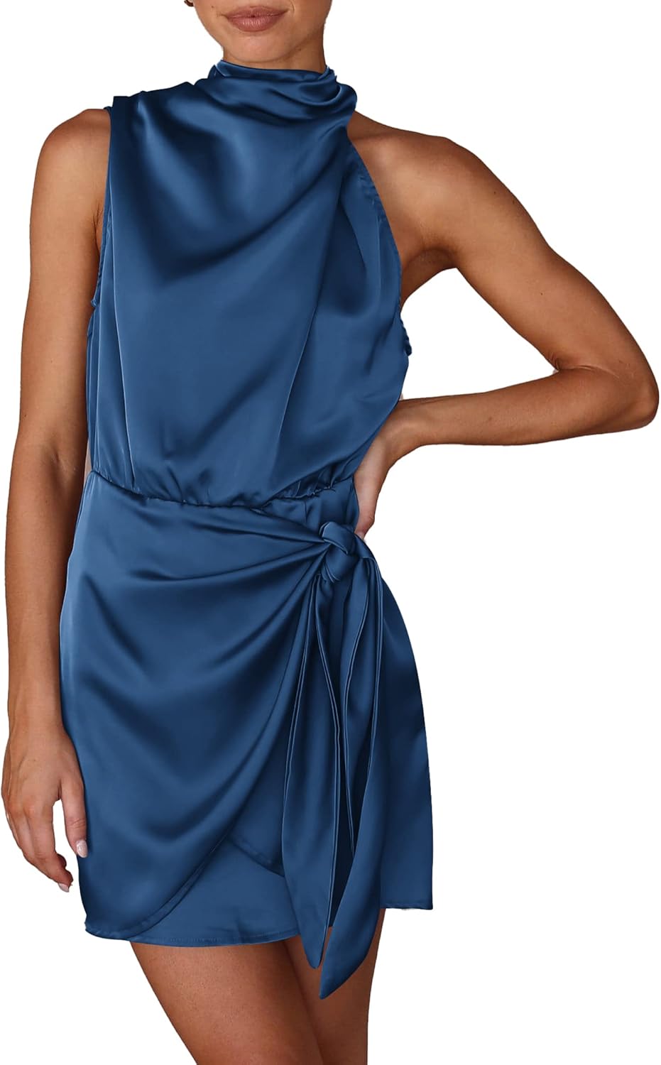 Women's Short Formal Satin Dress Summer Sleeveless Mock Neck Tie Waist Cocktail Party Dresses (Dark Blue,Medium)