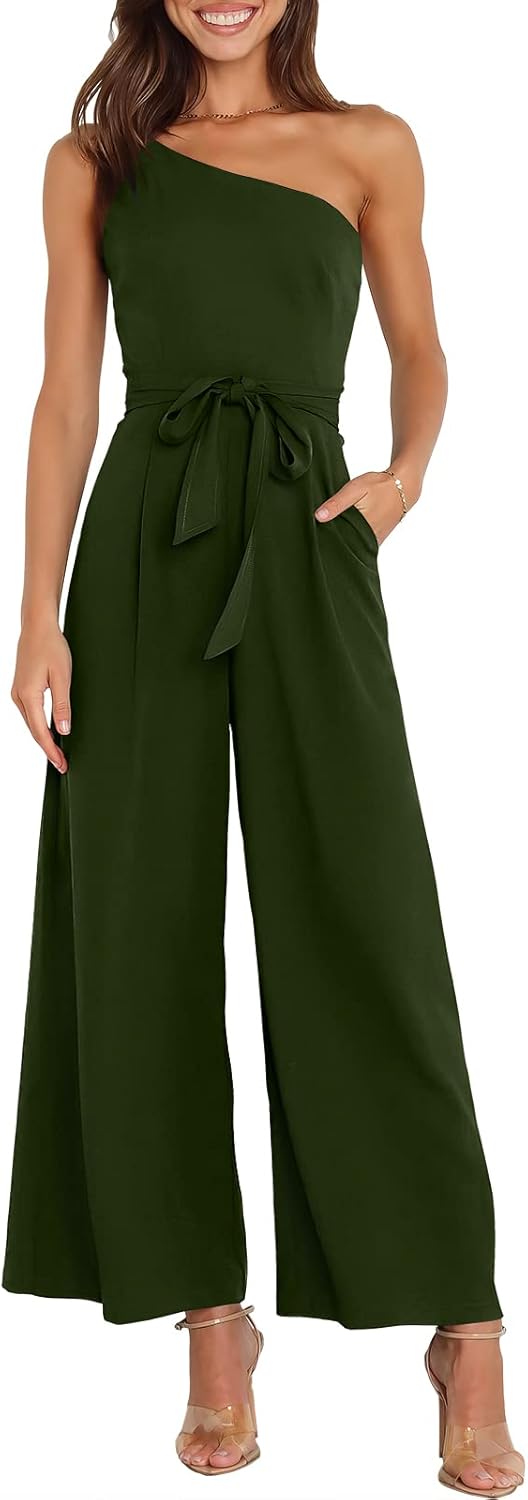 Women Summer Dressy Jumpsuits One Shoulder Sleeveless Casual Wide Leg Pants Romper Jumper 2026 Trendy Fall Outfits Army Green Medium
