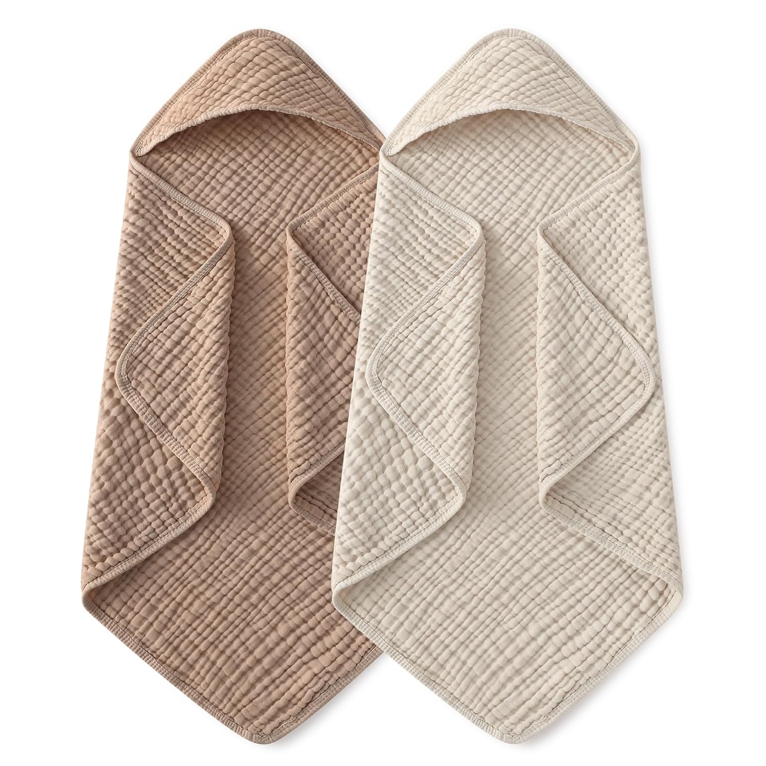 Hooded Baby Towels for Newborn 2 Pack 100% Muslin Organic Cotton Baby Bath Towel with Hood for Babies, Infant, Toddler and Kids, 32x32Inch, Soft and Absorbent Newborn Essential, Beige&Coffee